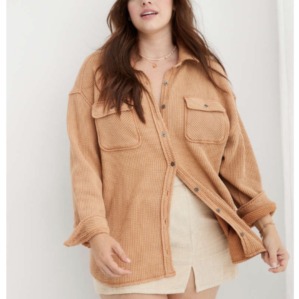 aerie - LumberJane Long Sleeve Waffle Oversized Tan Button Front Shirt - XXL